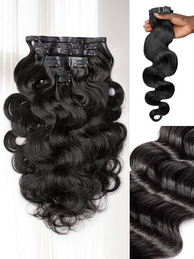 LUVME Clip in Hair Extensions Real Human Hair, Remy Human Hair Extensions Clip ins for Women, Natural Human Hair, 14inch 135g 9Pcs, Natural Black
