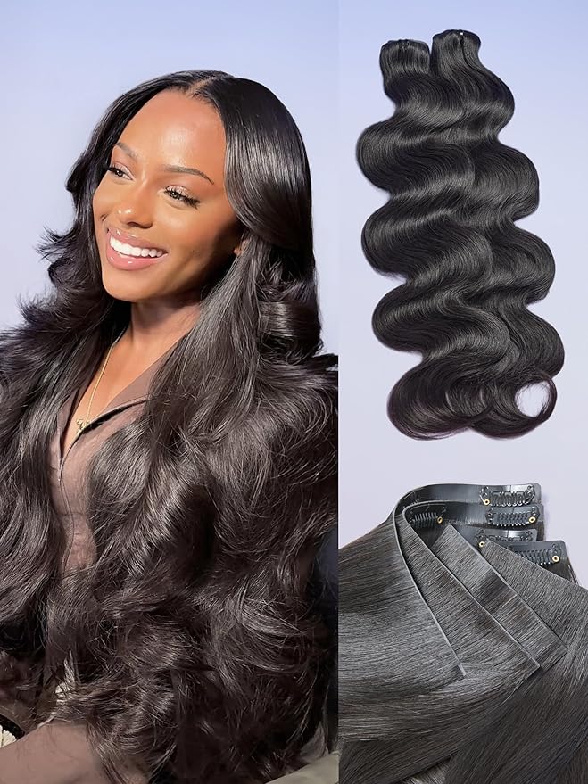 LUVME Invisible Clip in Hair Extensions,14 Inch 2 Pack 220g 12pcs Body Wave Invisible Clip ins Hair Extensions Human Hair Natural Black Extensions in for Women