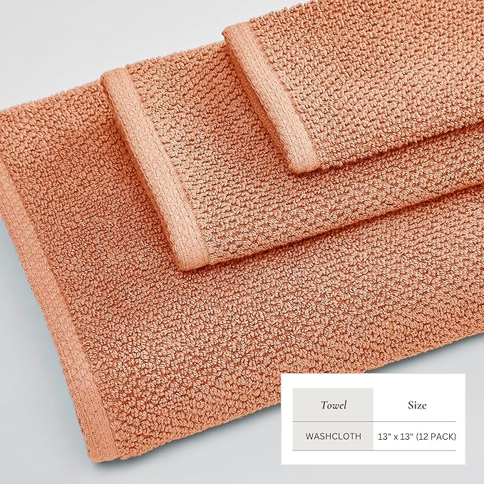 Great Bay Home 100% Cotton 12-Pack 13x13 Wash Cloth - Absorbent, Quick-Drying, Durable Face Towels for Bathroom Decor - Low-Twist, Two-Ply Fibers (Dusty Rose)