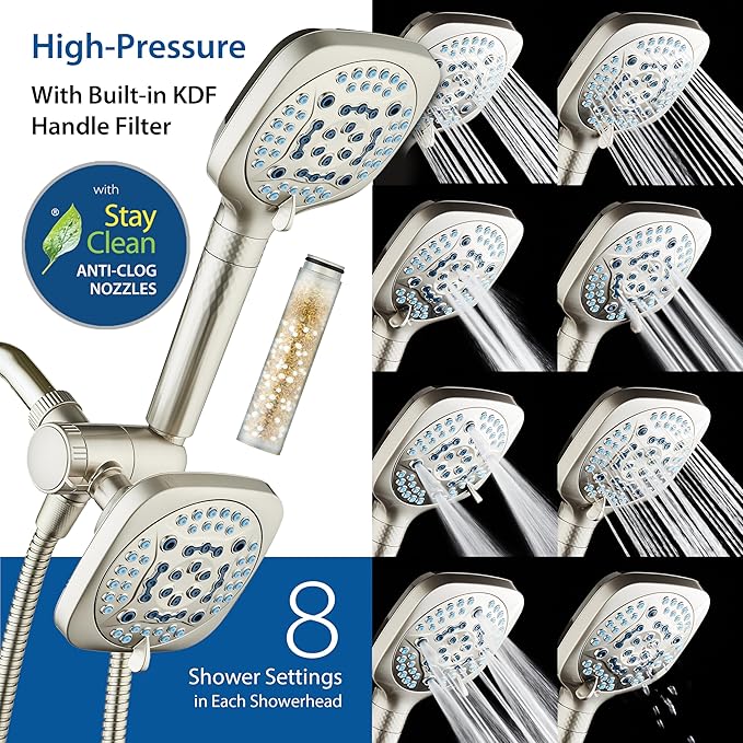 6-way High Pressure 82 Spray Mode Filtered Showerhead Combo - Handheld Shower Head Filters Chlorine to Heal Dry Skin, Revive Hair - Dual Power Wash Cleans Tub, Tile, Pets - Hard Water Softener, Nickel