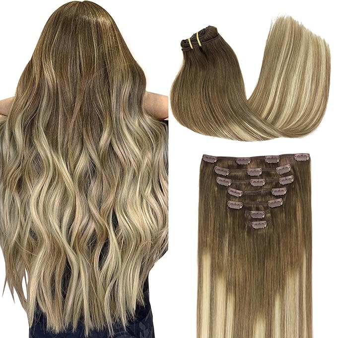 GOO GOO Clip in Hair Extensions Real Human Hair, Remy Human Hair Extensions Clip ins for Women, Natural Human Hair, 22inch 170g 7Pcs, #3/8/613 Balayage Walnut Brown to Ash Brown and Bleach Blonde