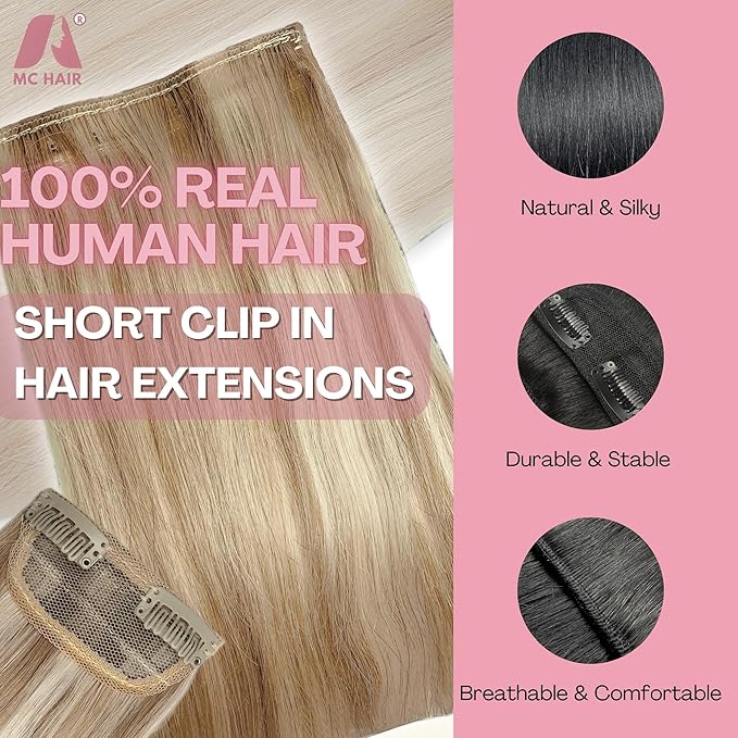 2 Pcs Short Clip in Hair Extensions, Human Hair Clip in Extensions for Women 8 Inch Honey Brown and Bleach Blonde