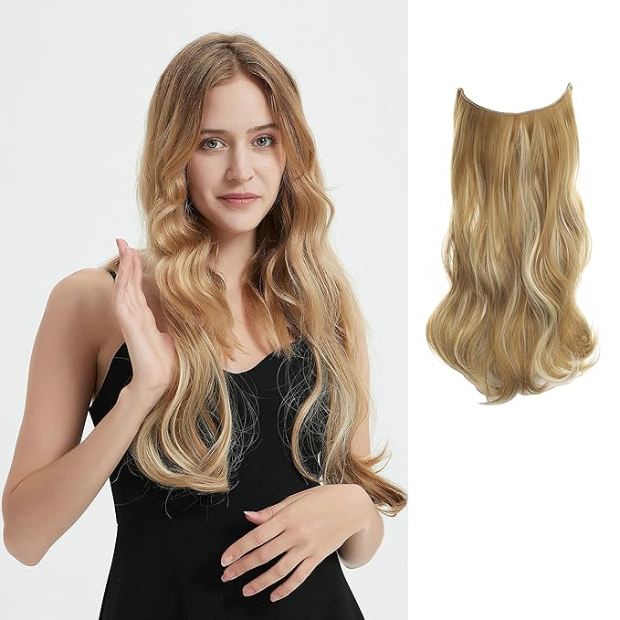 Invisible Wire Hair Extensions Transparent Wire Adjustable Size 4 Secure Clips Long Wavy Curly Secret Hairpiece 18 Inch for Women
