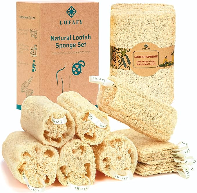 Natural Loofah Sponge 12‑Pack (6"), Exfoliating Body Scrubber for Shower, Bath & Kitchen – Plant-Based