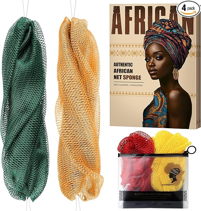 Authentic African Net Sponge with Knots - Afro Scrubber Bath Loofah Exfoliating Net Sponge for Shower - 4 Pack African Bath Sponges Exfoliator for Most Skin Types Back Scrub Washer Accessories