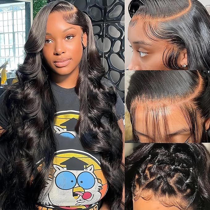 200 Density 13x6 HD Lace Front Wigs Human Hair 12A Body Wave Lace Front Wigs Human Hair Pre Plucked Wet And Wavy Black Wig Body Wave Frontal Wig 13X6 For Black Women With Natural Hairline 28 Inch #1B