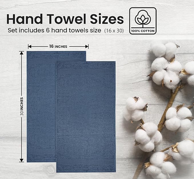 Premium Hand Towels Pack of 6 (16" x 30”) 100% Combed Ring Spun Cotton | Highly Absorbent Hand Towels Set | Ultra Soft for Home, Gym & Spa (Slate Blue)