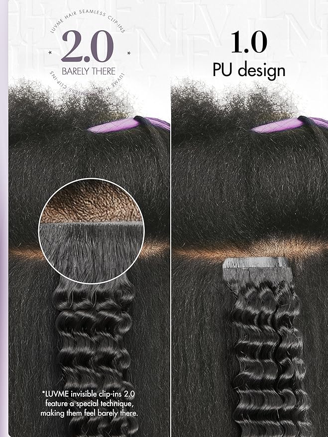 LUVME Invisible Clip ins Hair Extensions Deep Kinky Curly Real Human Hair Remy Hair Clip ins for Women, Natural Human Hair, 24 inch 110g 6Pcs, Natural Black