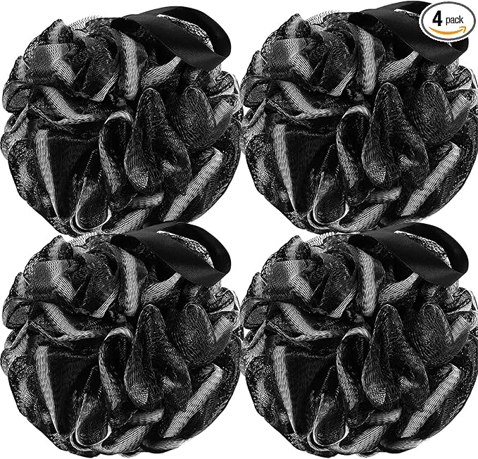 Bath Shower Loofah Sponge 60g Bath Mesh Pouf Shower Ball Body Scrubber Exfoliating Bath Sponge for Women and Men, Set of 4, Black