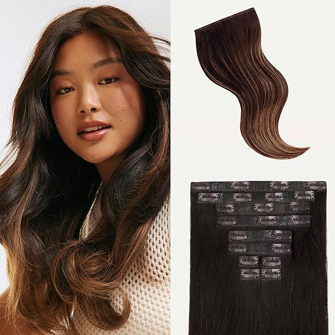 Luxy 100% Remy Human Hair - Seamless Clip-In Hair Extensions - Multi-Dimensional Color for Natural Blending, Adds Volume & Length 50 grams 12" Mocha Brown Balayage