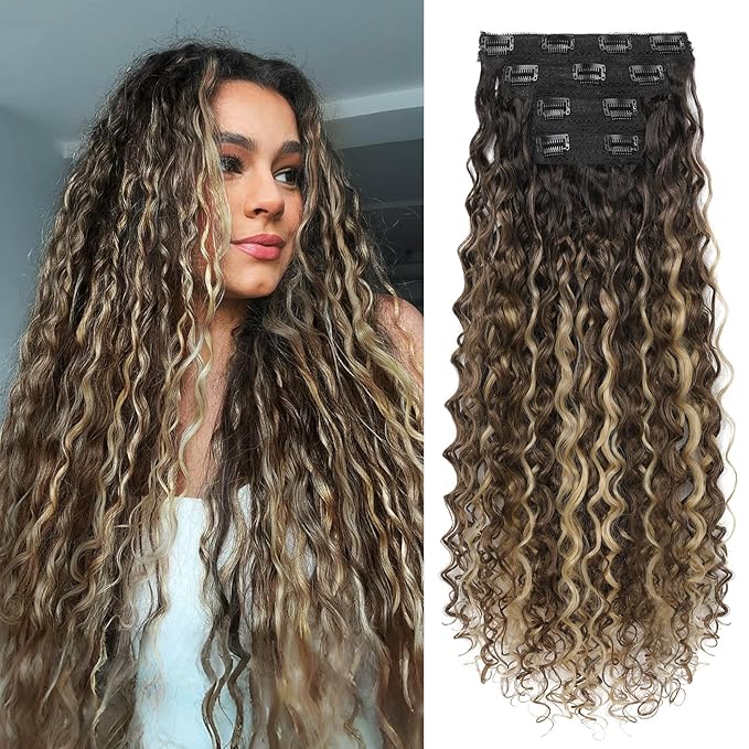 LONAI 4PC Clip in Hair Extensions, 100％ Pure Protein Silk Curly Hair Extension for Women, 26 Inch Long Soft Natural Hair Extensions-Medium Brown Ash Blonde Highlight