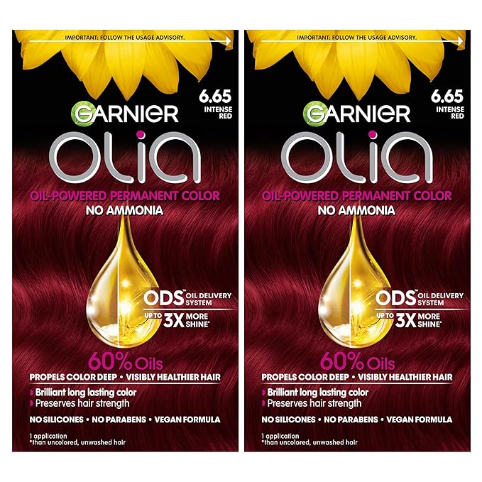 Garnier Olia Hair Color, Oil Powered Ammonia Free Permanent Hair Dye for Long-Lasting Color, 6.65 Intense Red, 2 Dye Kits