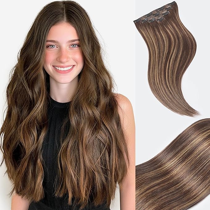 LUVME Clip in Hair Extensions, Straight Seamless 20 Inch 70g 4Pcs Brown Highlights, 100% Real Remy Human Hair, Soft Natural Full Max Invisible Comfortable Clip in Hair Extensions for Women