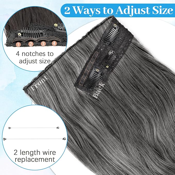 KooKaStyle Invisible Wire Hair Extensions Long Wavy Layered Synthetic Hair Extensions with Transparent Wire Adjustable Size 6 Secure Clips Grey/Sliver Mixed Hairpieces for Women 20 Inch
