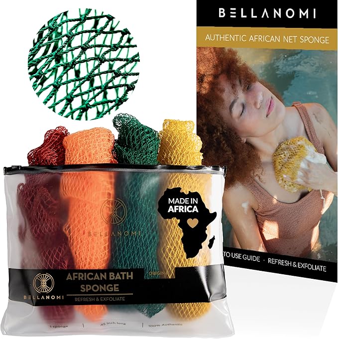 BELLANOMI 4 Piece African Exfoliating Net Sponge Long African Bath Sponge, Authentic Ethically Sourced from Nigeria, Great for Daily Use (Copper Brown, Orange, Green, Yellow)