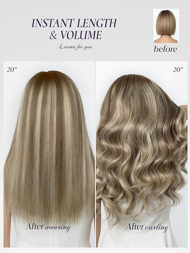 LUVME Handmade Weft Clip in Hair Extensions Human Hair 20 Inch 150g 9pcs Warm Ash Balayage Straight Double Weft Seamless Clip-ins for Natural Volume