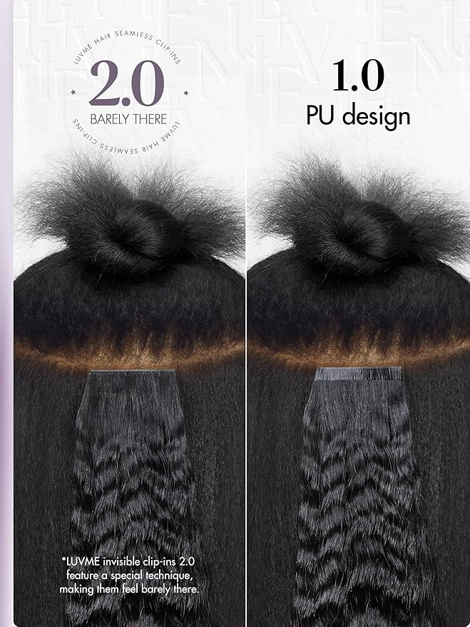 LUVME Invisible Clip in Hair Extensions, Kinky Straight Real Human Hair Remy Hair Clip ins for Women, Natural Human Hair, 16 inch 110g 7Pcs, Natural Black