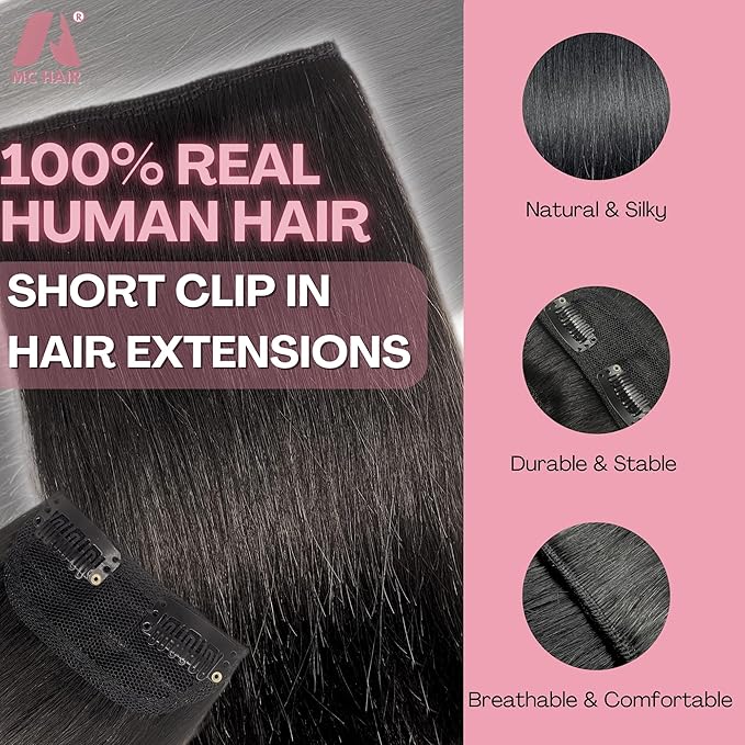 2 Pcs Short Hair Extensions, Human Hair Pieces for Women Adding Volume 6 inch Natural Black