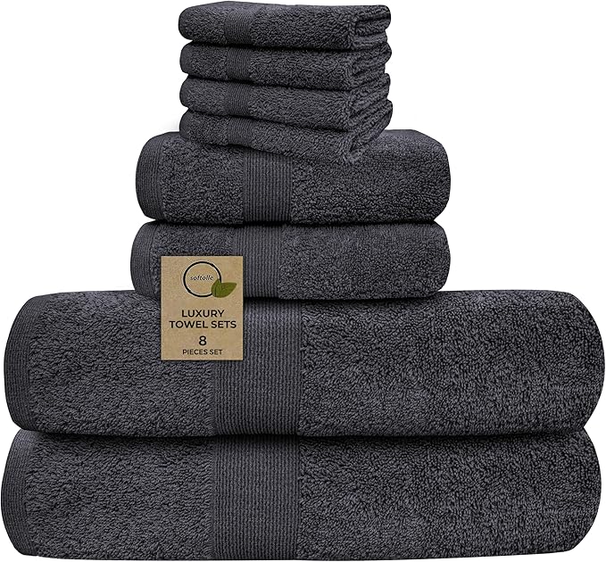 Softolle Luxury 8 Piece Towel Set, 2 Bath Towels 2 Hand Towels 4 Washcloths, Towels for Bathroom, Home, Spa & Gym - Highly Absorbent Ultra Soft Quick-Dry (Grey)
