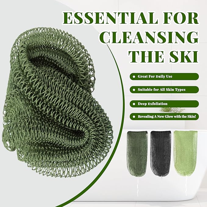 African Net Sponge Authentic, 3 Pieces Exfoliating Scrubber Bath Sponge for All Skin Types, Back Scrubber Loofah Washcloth for Shower, Gentle Exfoliation (Dark Green,Light Green,Black)