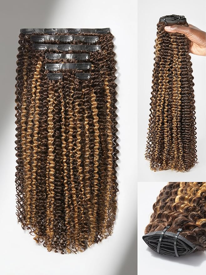 LUVME Clip in Hair Extensions Real Human Hair, Remy Human Hair Extensions Clip ins for Women, #2/27 Extensions, 18inch 135g 9Pcs Kinky Curly Hair