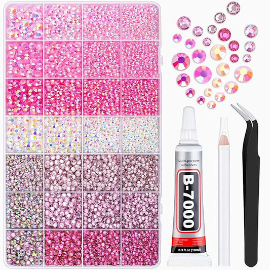 20000Pcs Pink Rhinestones for Bedazzling with 1Pcs B7000 Jewelry Glue, Resin Rhinestones for Crafting Crafts DIY, Bedazzler Kit Gems for Clothing Shoes Tumblers Nail Art Assorted Size 3/4/5/6mm