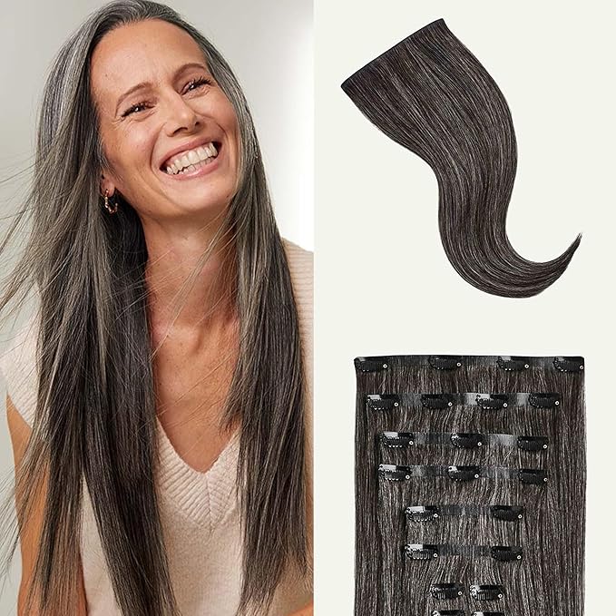 Luxy 100% Remy Human Hair - Seamless Clip-In Hair Extensions - Multi-Dimensional Color for Natural Blending, Adds Volume & Length 180 grams 20" Dark Gray Seamless