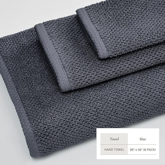 Great Bay Home 100% Cotton 6 Pack 26x16 Hand Towel Set - Absorbent, Quick-Drying, Durable Towels for Bathroom Decor - Low-Twist, Two-Ply Fibers (Stone Blue)