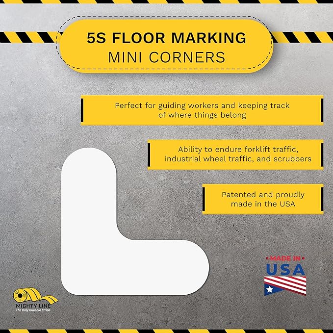 Mighty Line 3/4" Wide Solid Mini Corner Marker Floor Marking Tape, Heavy-Duty, Peel and Stick, Adhesive, Industrial Quality, White, Pack of 108