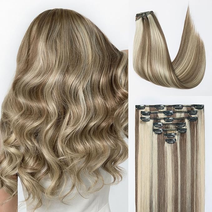 LUVME Handmade Weft Clip in Hair Extensions Human Hair 18 Inch 120g 7pcs Warm Ash Balayage Straight Soft & Natural Blend, Comfortable Invisible Clip-ins