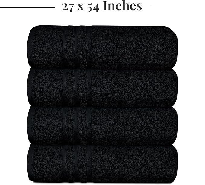 Tens Towels Pack of 4 Soft Bath Towels, 100% Cotton, 27 x 54 Inches, Lightweight & Quick-Dry, Ideal for Daily Bathroom Use, Practical & Comfortable, Black