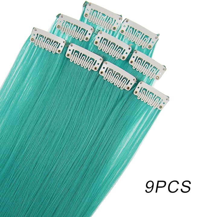 Rhyme 21'' 9PCS Princess Party Highlight Teal Hair Extensions Colored Hair Extensions Clip in/on for America Girls and Women Wig Hairpieces (Teal blue)