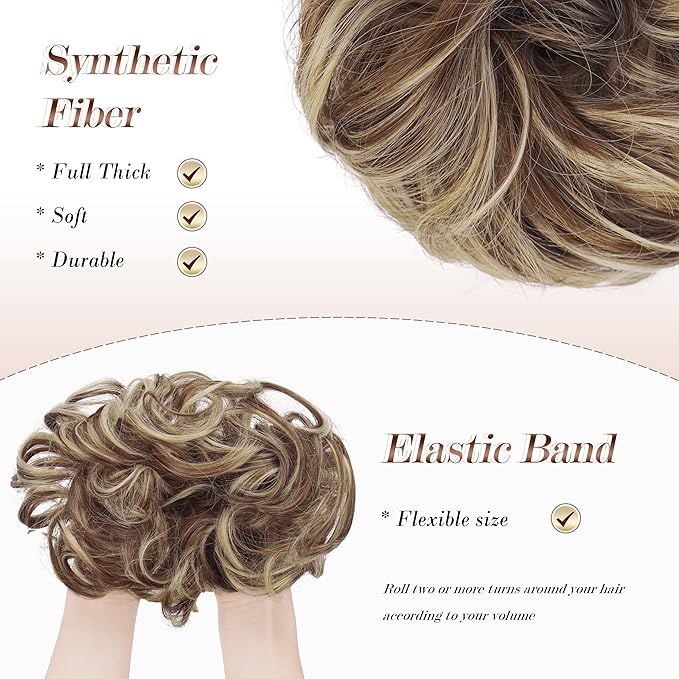FESHFEN Messy Bun Hair Piece - Elastic Wavy Curly Hair Bun Scrunchies Extensions Synthetic Chignon Hairpieces for Women, Copper Brown & Beige Blonde 1.5 oz