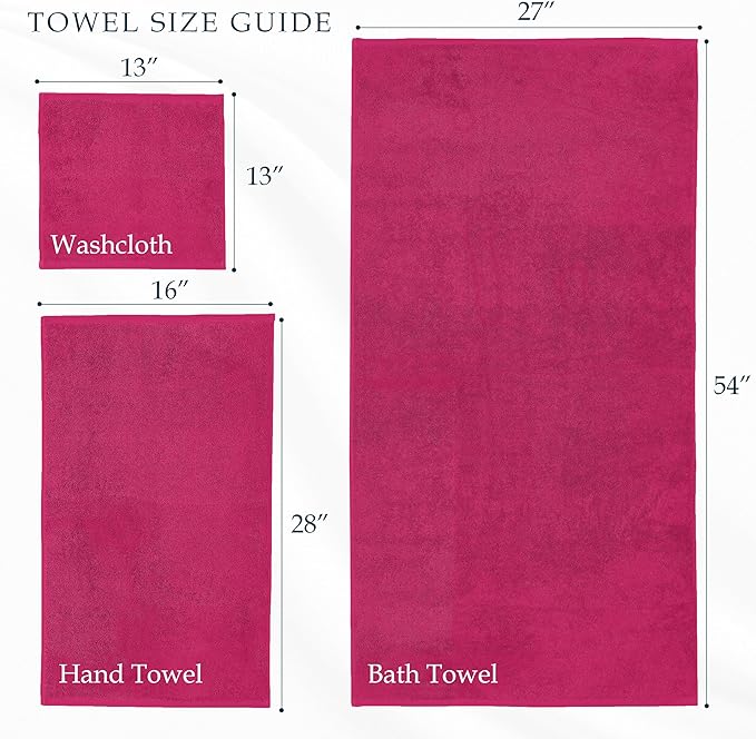 Mocassi Luxury 100% Turkish Cotton 6-Piece Towel Set - Ultra Soft, Quick Dry Highly Absorbent Premium Spa Hotel Quality Bath Towels, Includes 2 Bath Towels, 2 Hand Towels and 2 Washcloths, Hot Pink