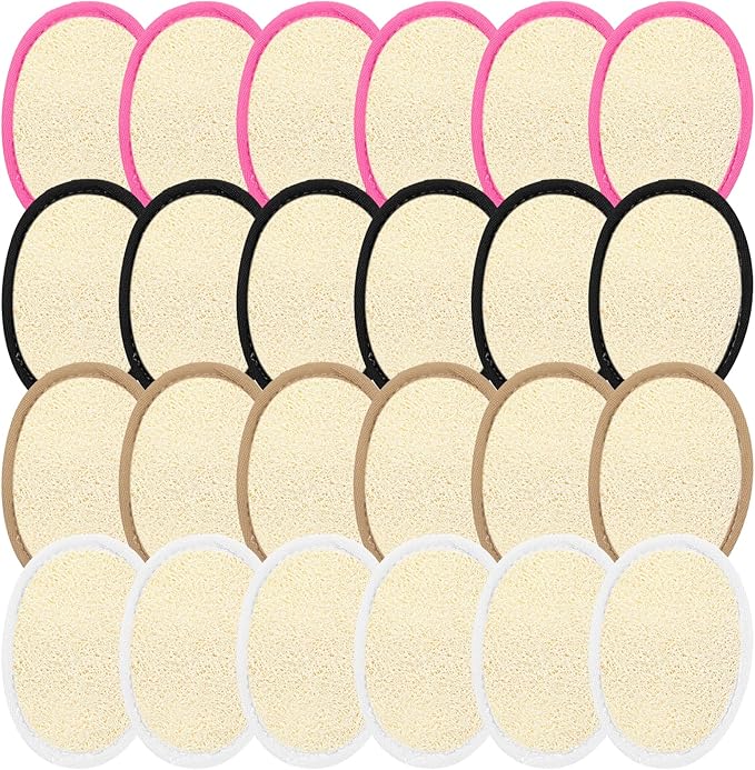 Boao 24 Pcs Loofah Pack Loofah Pads Bulk for Facial Exfoliating Body Bath Shower Mini Sponge Pads Natural Scrubber Brush for Men Women Spa and Travel(White, Coffee, Black, Pink)