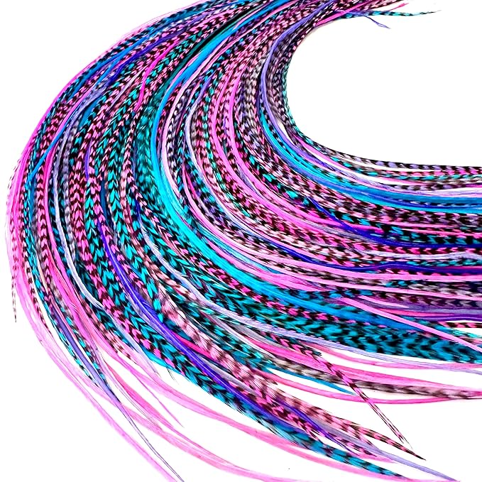 21 Purple Pink & Turquoise Color Hair Extensions – 9”–14” Long – DIY Rooster Kit with 20 Micro-Link Beads – 100% Real Feathers – Eye-Catching Boho Style