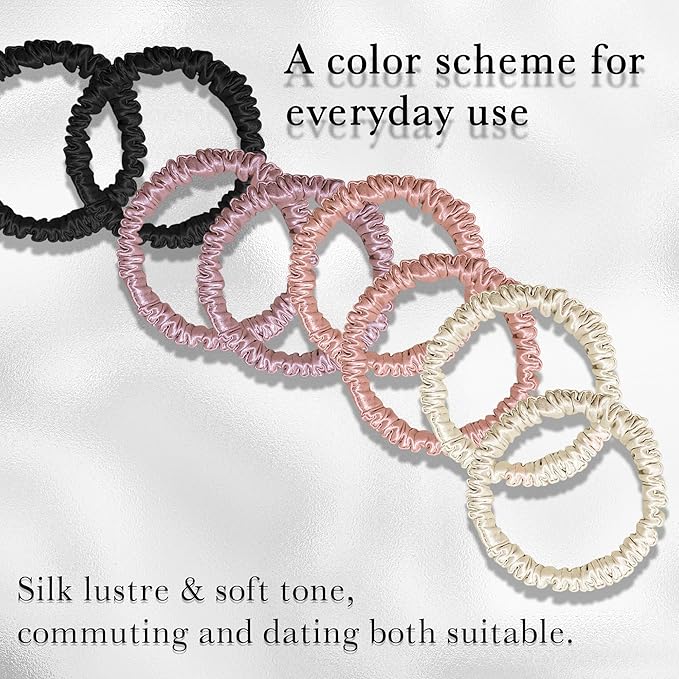 100% Silk Hair Ties – 8Pcs Pure Mulberry Silk Hair Scrunchies Smooth Skinny Small Hair Ties for Women, Soft Hair Bands Elastics for Sleeping, Frizz-Free