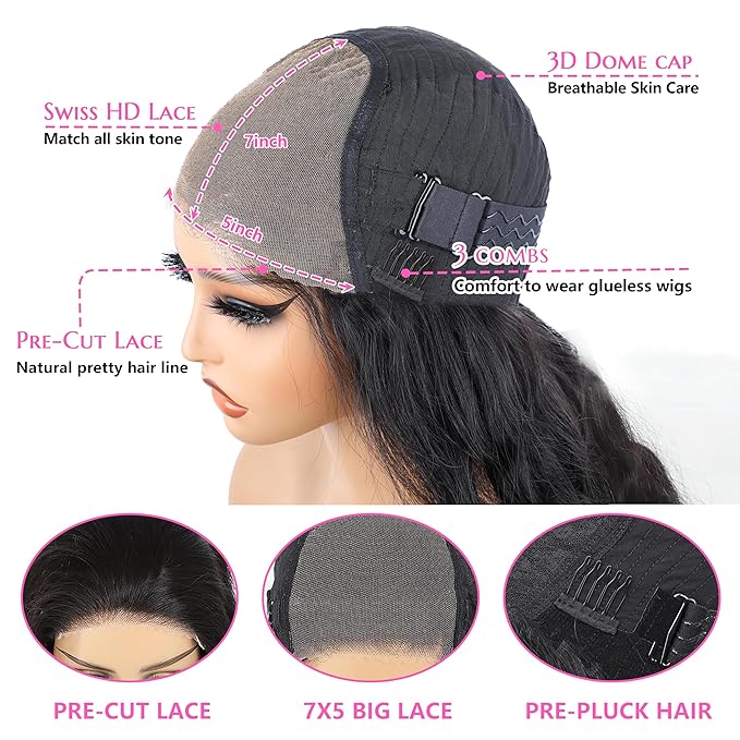 7x5 Body Wave Glueless Wigs Human Hair Pre Plucked Pre Cut HD Lace 26 Inch Body Wave Lace Front Wigs 200% Density Wear and Go Glueless Wig for Beginners