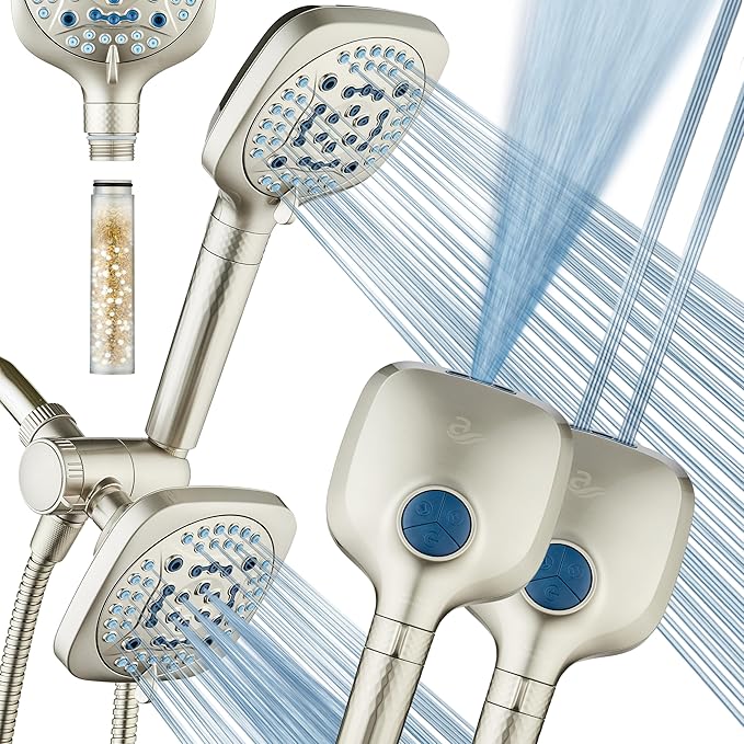 6-way High Pressure 82 Spray Mode Filtered Showerhead Combo - Handheld Shower Head Filters Chlorine to Heal Dry Skin, Revive Hair - Dual Power Wash Cleans Tub, Tile, Pets - Hard Water Softener, Nickel