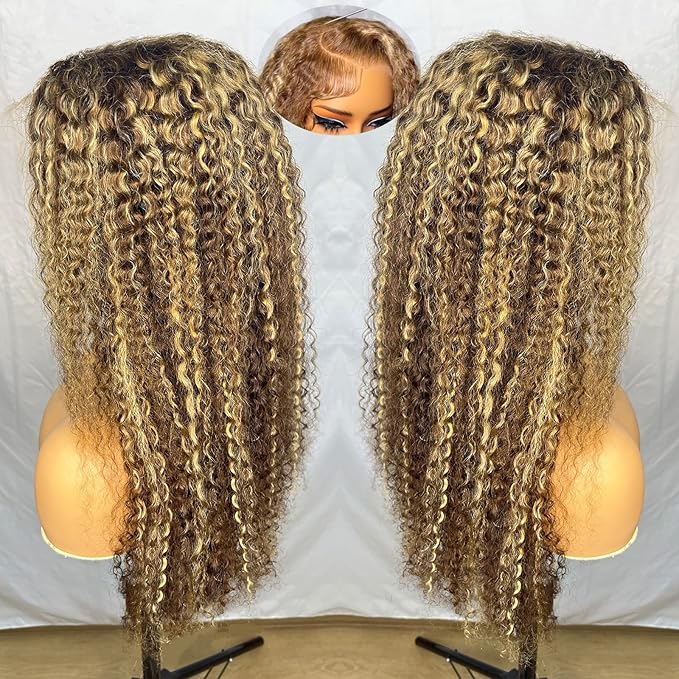 200 Density Honey Blonde Wig Human Hair 13x6 Deep Wave HD Transparent Lace Front Wigs Human Hair Pre Plucked 4/27 Highlight Ombre Jerry Curly Wet And Wavy 100% Human Hair Wigs For Black Women 28 inch