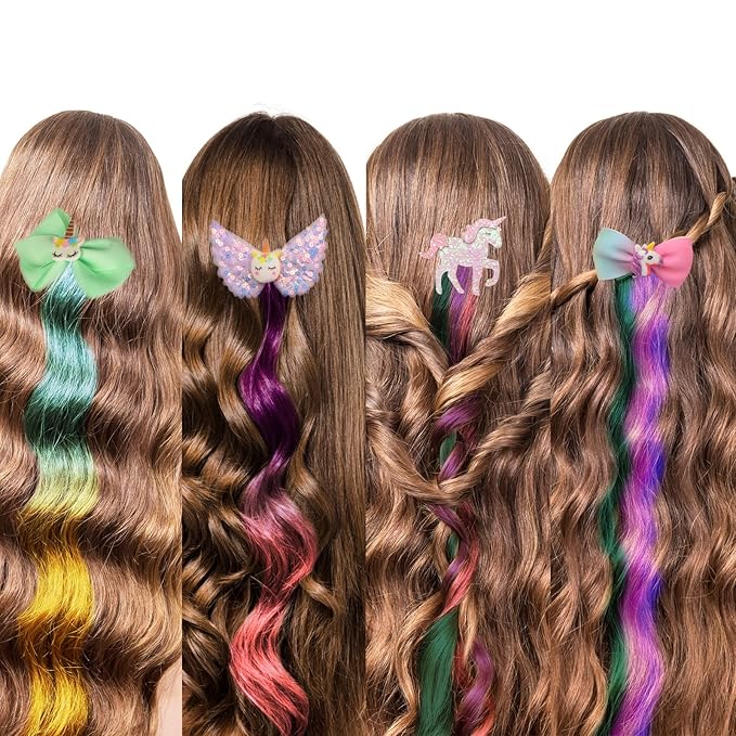 Ideal Swan 6 Set Unicorn Hair Extensions Clip - Colorful Curly Hair Extensions for Girls, Cute Unicorn Accessories Hair Clips for Kids Ponytails, Rainbow Thick Wig Clip in Fake Bangs (Curly Hair)