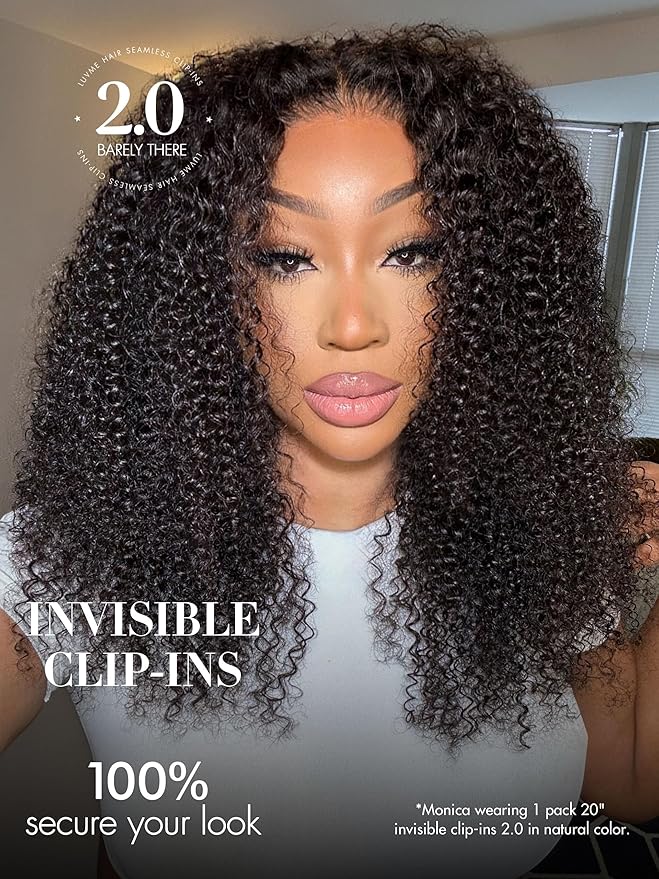 LUVME Invisible Clip ins Hair Extensions Deep Kinky Curly Real Human Hair Remy Hair Clip ins for Women, Natural Human Hair, 18 inch 110g 6Pcs, Natural Black