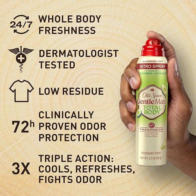 Old Spice Whole Body Deodorant Spray for Men, Aluminum Free, Cucumber + Avocado Scent, 24/7 Odor Protection, 24/7 Lasting Freshness, Dermatologist Tested, Gentle on Skin, Safe to Use All Over, 3.5 oz