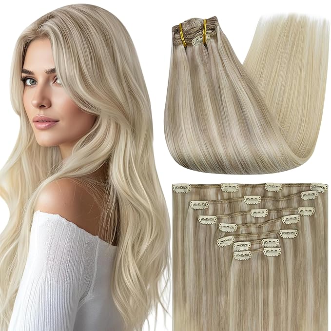 Full Shine Blonde Highlight Clip in Hair Extensions Blonde Hair Extensions Clip in Human Hair Balayage Human Hair Extension for Women for Long Hair 7 Pcs 22 Inch 120 G