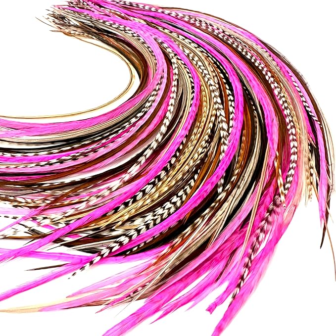 21 Natural & Hot Pink Color Hair Extensions – 9”–14” Long – DIY Rooster Kit with 20 Micro-Link Beads – 100% Real Feathers – Eye-Catching Boho Style