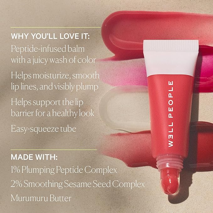 Well People Poutlove Peptide Lip Balm, Hydrating Sheer Tinted Lip Treatment with Peptide Complex, Murumuru Butter & Sesame Seed Complex for a Plumper, Smoother-Looking Pout, Honey Plum