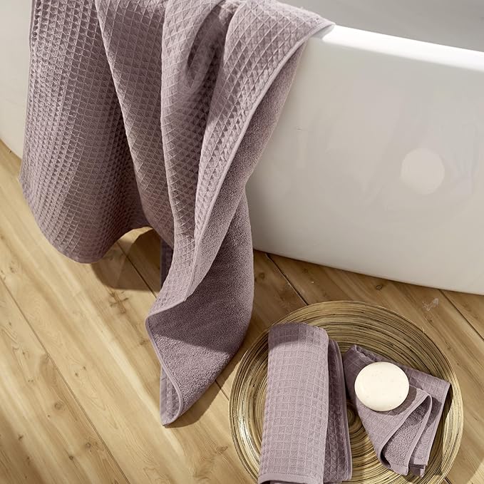 UCHINO Waffle Twist Cotton Weave Bath Towel for Bathroom Lightweight Absorbent Quick Dry Honeycomb Texture Solid Terry Loop Reverse 30" x 60", 1 Bath Towel, Orchid Purple