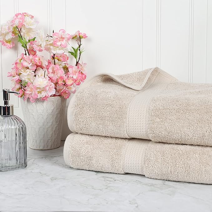 Superior Egyptian Cotton Pile Bath Sheet Set of 2, Ultra Soft Luxury Towels, Thick Plush Essentials, Absorbent Heavyweight, Guest Bath, Hotel, Spa, Home Bathroom, Shower Basics, Stone
