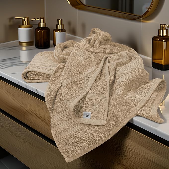 Tens Towels Pack of 4 Soft Bath Towels, 100% Cotton, 27 x 54 Inches, Lightweight & Quick-Dry, Ideal for Daily Bathroom Use, Practical & Comfortable, Beige