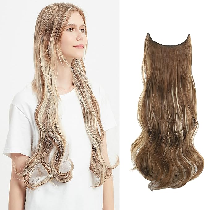 Invisible Wire Hair Extensions Transparent Wire Adjustable Size 4 Secure Clips Long Wavy Curly Secret Hairpiece 24 Inch for Women